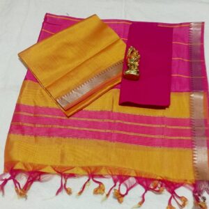 Mustard Yellow & Pink Mangalagiri Pattu Pure Handloom Saree