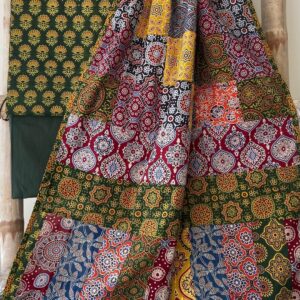 Forest Green Pure Cotton Patchwork Print Saree with Matching Blouse