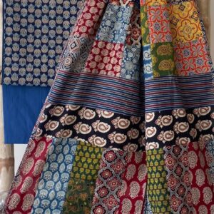 Indigo Blue Pure Cotton Patchwork Print Saree with Matching Blouse