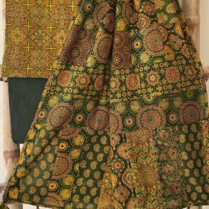 Forest Green Pure Cotton Ajrakh-Inspired Patchwork Print Saree with Matching Blouse