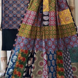 Black Pure Cotton Ajrakh Patchwork Print Saree with Kalamkari Motifs & Blouse