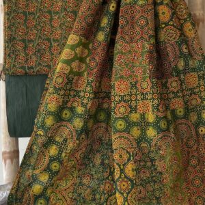 Bottle Green Pure Cotton Ajrakh Patchwork Print Saree with Floral Motifs & Blouse