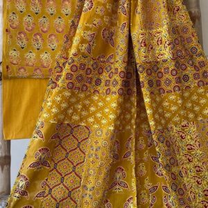 Mustard Yellow Pure Cotton Ajrakh Patchwork Print Saree with Traditional Motifs & Blouse
