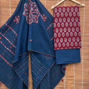 This refined pure cotton saree comes in a soothing ivory white base that radiates simplicity and grace. The body is adorned with beautifully crafted circular Ajrakh-inspired appliqué motifs, highlighted with subtle stitch detailing and small accent embellishments that add depth and artisanal charm while keeping the look understated.