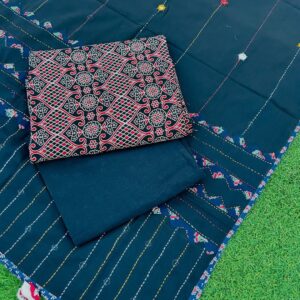 Teal Green Pure Cotton Saree with Hand Kantha Stitching & Printed Blouse