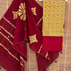 Maroon Ajrakh Print Cotton Saree with Mustard Blouse