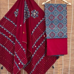 Maroon Ajrakh Print Cotton Saree with Indigo Blue Blouse