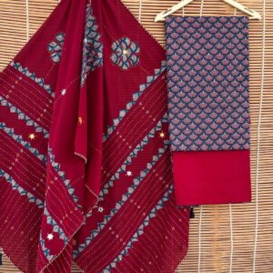 Maroon Ajrakh Motif Cotton Saree with Blue Fan Print Blouse