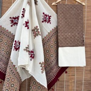 Ivory Ajrakh Print Cotton Saree with Maroon Border & Printed Blouse